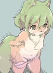 anthro black_nose blush bottomwear breasts clothed clothing fangs female fur green_eyes green_hair hair high-angle_view kemono navel neck_tuft nipples open_mouth orange_body orange_fur ponytail short_hair shorts solo standing teeth text topless tuft undressing white_body white_fur kohaku_q canid canine fox mammal digital_media_(artwork) hi_res japanese_text translated