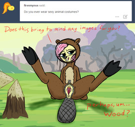 clitoris clothing costume female feral furry_wearing_fursuit fursuit genitals humor pun solo spreading text visual_pun vulva harryclopper friendship_is_magic hasbro my_little_pony fluttershy_(mlp) beaver equid equine horse mammal pony rodent absurd_res english_text hi_res