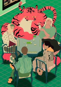 ambiguous_gender anthro black_hair black_stripes blonde_hair cellphone chair clothing electronics floor furniture gaming green_floor green_hair group hair holding_object holding_phone isometric mahjong mahjong_table mahjong_tile medical_sling nude pattern_clothing pattern_shirt pattern_topwear phone playing red_body shirt sitting size_difference smartphone striped_body striped_clothing striped_shirt striped_topwear stripes tile tile_floor topwear yellow_sclera boarboy felid human mammal pantherine tiger hi_res