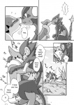 blush bodily_fluids comic digital_media_(artwork) duo felid female feral floatzel generation_4_pokemon greyscale hug kissing luxray male mammal mikaduki_karasu monochrome nintendo pokemon pokemon_(species) rock rozelyn_the_floatzel_(mischievous-skunk) saliva saliva_string tail