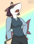 anthro clipboard clothing female gills looking_at_viewer neck_gills sharp_teeth solo teeth topwear vest gum-k ms._notes_(cat_pepper) fish marine shark 2023 hi_res