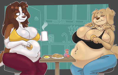 anthro belly beverage big_belly big_breasts black_bra black_clothing black_underwear blue_eyes blush bra breakfast breasts brown_body brown_fur brown_hair chair clothing coffee coffee_mug crumbs_on_breast duo eating eating_food eyes_closed female food fur furniture golden_clothing hair huge_belly huge_breasts jelly_(food) kitchen mature_anthro mature_female mouth_full multicolored_body on_chair overweight overweight_anthro overweight_female pajama_pants pastry sitting sitting_on_chair syrup table two_tone_body underwear yellow_body yellow_fur strawberrywith4 madeline_hettrick vreneli_liljedahl bird_dog canid canine canis domestic_dog golden_retriever hunting_dog mammal molosser mountain_dog retriever saint_bernard absurd_res hi_res