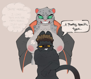 anthro areola big_breasts black_body black_clothing black_ears black_fur black_jacket black_nose black_tail black_topwear blush breasts brown_hair clothed clothing dialogue duo female front_view fur green_nipples green_sclera grey_background grey_body grey_ears grey_fur grey_hair grey_spots hair half-closed_eyes hand_on_arm hand_on_own_arm jacket looking_away male markings multicolored_body multicolored_clothing multicolored_fur multicolored_topwear muscular muscular_anthro muscular_female narrowed_eyes nipples open_clothing open_jacket open_topwear orange_clothing orange_jacket orange_sclera orange_topwear pink_areola pink_nipples sharp_teeth simple_background speech_bubble spots spotted_body spotted_fur standing tail teeth text thought_bubble topwear two_tone_clothing two_tone_jacket two_tone_topwear whiskers sushiamazing dreamworks the_bad_guys kitty_kat_(the_bad_guys) sushi_(sushiamazing) domestic_cat felid feline felis mammal pantherine snow_leopard 2025 absurd_res digital_media_(artwork) english_text hi_res