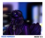 anthro blurred_background border clothing feathers hair long_hair male necktie purple_clothing solo tail tail_feathers white_border yellow_eyes makaronnie ross_norden avian bird grackle icterid oscine passerine digital_media_(artwork) pixel_(artwork) signature