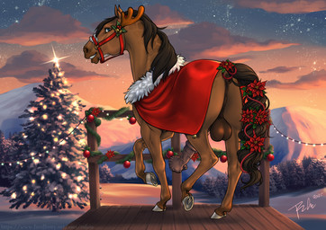 animal_genitalia animal_penis anus balls blue_eyes blue_sky brown_balls brown_body brown_mane brown_tail cape clothing cloud equine_anus equine_genitalia equine_penis erection fake_antlers fake_horns feral flared_penis genitals grin looking_at_viewer male male_feral mane medial_ring orange_sky outside penis plant puffy_anus red_cape red_clothing side_view sky smile snow solo star sunset tail text tree vein veiny_penis rufciu dolero equid equine horse mammal 2025 dated hi_res signature url