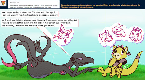 anthro blush blush_stickers dialogue duo eyelashes female grass long_eyelashes nude outside plant speech_bubble text scorpiogustavo nintendo pokemon generation_7_pokemon pokemon_(species) salazzle english_text