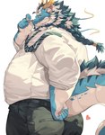 anthro belly blue_body braided_hair braided_ponytail butt clothing dress_shirt facial_hair food fruit hair heart_symbol horn looking_at_viewer male mature_male necktie overweight peach_(fruit) plant ponytail shirt solo tail topwear white_hair yed lifewonders mythology tokyo_afterschool_summoners qinglong_(tas) dragon eastern_dragon mythological_creature mythological_scalie scalie 2024 absurd_res hi_res