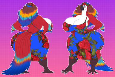 anthro bandana_on_head beak big_breasts big_butt blonde_hair blue_body blue_eyelids blue_eyes blue_feathers blue_hair breasts brown_hair butt cleavage clothed clothing dress eyelashes feathers feet female female_anthro front_view hair hand_on_hip hand_on_own_hip huge_breasts huge_butt huge_hips huge_thighs hyper looking_at_viewer multicolored_body multicolored_feathers multicolored_hair non-mammal_breasts rear_view red_body red_feathers red_hair smile solo sundress talons thick_thighs toes white_body wide_hips yellow_body yellow_feathers vintagart rosa_(noeticred) ara_(genus) avian bird macaw neotropical_parrot parrot scarlet_macaw true_parrot hi_res model_sheet