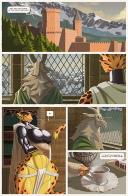 abs anthro arm_wraps armor beverage book bookshelf bottomwear brick brick_wall cake castle cheek_tuft claws cloak clothing comic_panel container crossed_arms cup dessert detailed_background dialogue dipstick_tail duo ears_down eyebrows eyewear facial_tuft facing_away_from_viewer female food frown fur furniture glasses grey_body grey_eyes grey_fur high_collar holding_object horn inside leopard_spots loincloth long_eyebrows looking_out_window male markings midriff mountain napkin orange_body orange_fur pawpads pivoted_ears plant rear_view shaggy_fur side_view sky smile speech_bubble spots tail tail_markings tea_cup teapot tree tuft unconvincing_armor wall_(structure) wearing_glasses window wraps yellow_body yellow_eyes yellow_fur hiverdose last_fables kurlan_(last_fables) lieren_(last_fables) bovid caprine felid goat leopard mammal markhor pantherine comic digital_media_(artwork) hi_res