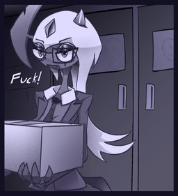 accessory anthro blue_border border bottomwear claws clothed clothing eyewear female fur glasses hair necktie open_mouth profanity solo student suit teacher text white_body white_fur warlocke nintendo pokemon absol generation_3_pokemon mammal pokemon_(species) english_text hi_res