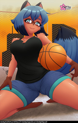 anthro arm_tuft ball barefoot basketball_(ball) black_clothing black_ears black_shirt black_tank_top black_topwear blue_bottomwear blue_clothing blue_hair blue_shorts bluesky_handle bottomwear breasts chain-link_fence chest_tuft city city_background claws clothing deviantart_username dipstick_hair dipstick_tail facial_markings feet female fence finger_claws glistening glistening_body glistening_lips glistening_skin gloves gloves_(marking) hair handwear head_markings holding_ball holding_object kneeling leg_markings lips logo looking_at_viewer markings mask_(marking) multicolored_eyes newgrounds_username pointy_ears prick_ears shirt shorts shoulder_tuft smile smiling_at_viewer socks_(marking) solo spread_legs spreading tail tail_markings tan_body tan_skin tank_top topwear tuft twitter_handle clouddg brand_new_animal studio_trigger michiru_kagemori canid canine mammal raccoon_dog tanuki signature