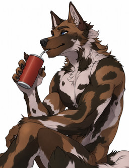anthro bendy_straw beverage blue_eyes brown_body brown_fur drinking drinking_straw fur holding_object male markings muscular muscular_male nude patton sitting soda solo spots spotted_body spotted_fur white_body white_fur hazakyaracely yecahoo african_wild_dog canid canine canis domestic_dog human mammal hi_res