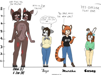 2_heads 4_arms accessory anthro blue_eyes bottomwear brown_body brown_fur chart clothed clothing conjoined conjoined_twins denim denim_bottomwear denim_clothing female fingerless_(marking) floppy_ears footwear fur gloves_(marking) green_eyes grey_body grey_fur group hair hair_accessory hairband height_chart hooves jeans markings multi_arm multi_head multi_limb nude open_mouth orange_body orange_fur pants profanity radiation_burn shirt shoes simple_background striped_body stripes t-shirt text topwear white_body white_fur yellow_eyes notmypornaccount fallout microsoft casey_(notmypornaccount) chloe_and_zoe_(notmypornaccount) martha_(notmypornaccount) sage_(notmypornaccount) deer felid lagomorph leporid mammal pantherine rabbit radstag_(fallout) tiger absurd_res digital_media_(artwork) english_text hi_res sibling_(lore) sister_(lore) sisters_(lore)