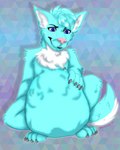 abdominal_bulge anthro belly blue_body blue_eyes blue_fur blue_hair chest_tuft claws crouching fully_inside fur hair male male_pred oral_vore paw_imprint paws same_size_pred same_size_vore simple_background squatting_pose squatting_position tail text tuft vore willing_pred sucrelux gamaria_(gamaguy94) canid canine canis domestic_dog husky hybrid mammal nordic_sled_dog spitz wolf 4:5 hi_res watermark