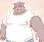 anthro blush bottomwear clothing humanoid_hands kemono male overweight overweight_male pants shirt solo topwear furipon mammal suid suine sus_(pig) wild_boar 2023 hi_res