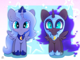 abstract_background armor big_ears black_body black_feathers blue_body blue_eyes blue_feathers blue_hair blue_tail chibi clothing duo eyebrows eyelashes feathered_wings feathers female feral footwear hair headgear helmet horn looking_at_viewer pupils shoes slit_pupils tail wings zokkili friendship_is_magic hasbro my_little_pony mythology nightmare_moon_(mlp) princess_luna_(mlp) equid equine mammal mythological_creature mythological_equine winged_unicorn 4:3 absurd_res digital_media_(artwork) hi_res