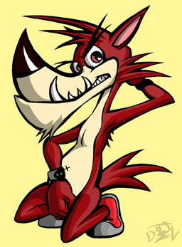 alternative_fashion anthro clothing covering covering_crotch crouching facial_piercing fangs footwear footwear_only fur hand_behind_head looking_at_viewer male mostly_nude nose_piercing nose_ring nude piercing punk red_body red_eyes red_fur ring_piercing sharp_teeth shoes shoes_only solo tail tan_body tan_fur tasteful_nudity teeth toony underbite wristband anti_dev atlus go!_go!_hypergrind sega decker canid canine canis mammal wolf 2010