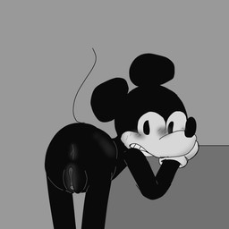 andromorph anthro blush blush_lines bodily_fluids clitoris embarrassed genitals intersex looking_back solo sweat vulva goodbudsog disney mickey_mouse mammal mouse murid murine rodent 1:1 digital_media_(artwork) hi_res ibispaint_(artwork) monochrome