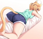 ahoge blonde_hair blue_eyes body_pillow bottomwear breasts cat_tail clothed clothing denim denim_clothing female furgonomics hair pigtails pillow shorts simple_background solo tail tail_clothing white_background tonpuu animal_humanoid cat_humanoid felid felid_humanoid feline feline_humanoid humanoid mammal mammal_humanoid