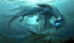 amazing_background ambiguous_gender blue_body blue_eyes blue_scales detailed_background feral membrane_(anatomy) membranous_wings partially_submerged scales sea solo sunken_ship swimming tail underwater water wings sandara mythology dragon mythological_creature mythological_scalie scalie detailed