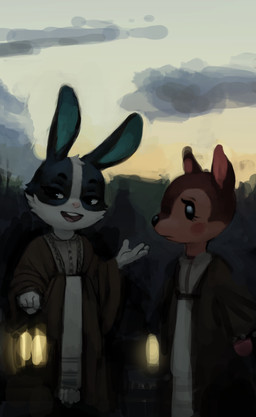 4_fingers anthro black_body black_fur brown_body brown_fur clothed clothing detailed_background dress duo female fingers fur gesture holding_object lamp lantern looking_aside open_mouth outside standing twilight white_body white_fur crookedtrees animal_crossing nintendo dotty_(animal_crossing) fauna_(animal_crossing) deer lagomorph leporid mammal rabbit 2017 hi_res