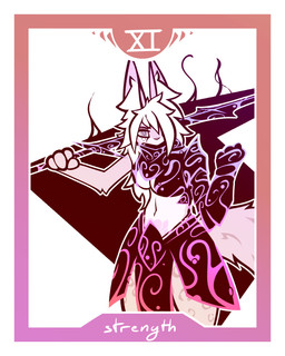 4_fingers anthro arm_armor armor big_breasts big_ears big_tail border breasts card female fingers fur hair hair_over_eye ink inner_boob inner_ear_fluff long_ears long_hair looking_at_viewer major_arcana markings navel raised_hand serious_face solo spots spotted_body spotted_fur strength_(tarot) sword_on_shoulder tail tarot tarot_card thick_thighs tuft unconvincing_armor white_border womb_tattoo zweihander conditional_dnp lodi_(artist) alessia_(lodi) felid feline lynx mammal 4:5 absurd_res hi_res restricted_palette gynomorph_(lore) intersex_(lore)