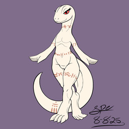 4_toes 5_fingers albino anthro arm_tattoo belly_tattoo big_tail claws cute_fangs digitigrade eyelashes fangs feet female female_anthro fingers flat_chested front_view genitals humanoid_hands innie_vulva leg_tattoo long_neck long_tail looking_at_viewer monotone_body neck_tattoo nude nude_anthro nude_female orange_tattoo pupils purple_background red_eyes simple_background slit_pupils smile smiling_at_viewer snout solo standing tail tail_dimple tail_tattoo tapering_tail tattoo teeth thick_tail thick_thighs thigh_gap thigh_tattoo toe_claws toes tribal tribal_tattoo vulva white_body white_outer_labia white_vulva wide_hips spe overlord_(series) crusch_lulu lizard lizardman lizardman_(overlord) reptile scalie 1:1 2025 absurd_res dated digital_drawing_(artwork) digital_media_(artwork) flat_colors full-length_portrait hi_res portrait procreate_(artwork) signature