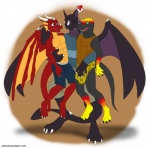 3_toes anthro belt biceps black_body black_scales bottomwear claws clothing eyes_closed fangs feet group happy heart_symbol horn hug male membrane_(anatomy) membranous_wings muscular open_mouth pants purple_body purple_skin scales shirt size_difference smile standing tail teeth toes topwear wings crocdragon89 european_mythology mythology darix_(darixdragon) rexo zeke_(crocdragon89) dinosaur dragon mythological_creature mythological_scalie prehistoric_species reptile scalie theropod tyrannosaurid tyrannosauroid tyrannosaurus tyrannosaurus_rex western_dragon 2011