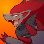 ambiguous_gender anthro claws fur grey_body grey_fur hair red_hair smile solo teeth tongue knight-of-syrinx nintendo pokemon generation_5_pokemon pokemon_(species) zoroark 1:1 2024 absurd_res digital_media_(artwork) hi_res