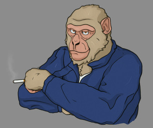 anthro brown_body brown_eye brown_fur cigarette clothing crossed_arms fur grey_background looking_at_viewer male overalls simple_background smile smiling_at_viewer solo wirkak xroshtag_(artist) haplorhine macaque mammal monkey old_world_monkey primate rhesus_macaque