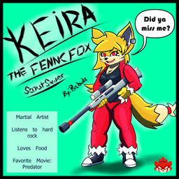 black_border black_clothing black_shirt black_topwear blonde_hair border bottomwear bound breasts cleavage clothed clothing female footwear fur gun hair holding_object holding_weapon jacket jewelry logo long_hair markings mole_(marking) mole_under_eye multicolored_body multicolored_fur pants ranged_weapon red_bottomwear red_clothing red_eyes red_jacket red_pants red_sweatpants red_topwear rifle shirt shoes simple_background smile smiling_at_viewer sneakers sniper sniper_rifle solo speech_bubble standing sweatpants tail tail_tied text topwear v-neck weapon yellow_body yellow_fur babuls sinisterslyfox canid canine fennec_fox fox mammal true_fox 1:1 cel_shading digital_drawing_(artwork) digital_media_(artwork) english_description english_text hi_res shaded