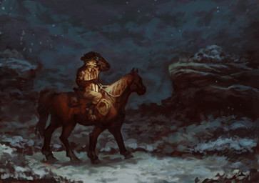 anthro bag blue_sky brown_body clothed clothed_anthro clothed_male clothing cloud cloudy_sky cowboy cowboy_hat dramatic_lighting dramatic_pose feral fur hat headgear headwear jacket lamp lantern lasso male mountain narrowed_eyes nature nature_background outside riding riding_horse rope saddle scenery sky snow snowing snowing_outside solo stirrup tan_body tan_fur topwear winter termanovich dakota_asbury canid canine canis coyote equid equine horse mammal digital_drawing_(artwork) digital_media_(artwork) full-length_portrait hi_res painting_(artwork) portrait