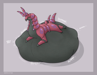 after_vore ambiguous_gender belly big_belly black_belly feral feral_pred horn huge_belly mass_vore multiple_prey red_body red_horn solo text vore berkutmakesart nintendo pokemon generation_5_pokemon pokemon_(species) scolipede 2026 english_text