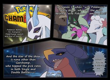 anthro bedroom_eyes dialogue female female_anthro feral group looking_at_viewer narrowed_eyes open_mouth open_smile purple_body red_body seductive smile text yellow_body sepiruth nintendo pokemon froslass garchomp generation_4_pokemon generation_6_pokemon generation_7_pokemon generation_9_pokemon lopunny mega_evolution mega_froslass mega_lopunny meowscarada pokemon_(species) primarina 2026 comic english_text hi_res