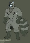 anthro arm_hair balls beard belly big_penis body_hair chain chest_hair facial_hair genitals horn humanoid_genitalia humanoid_penis male musclegut muscular nipples penis piercing pubes saggy_balls solo stripes guccigarf mammal procyonid raccoon hi_res