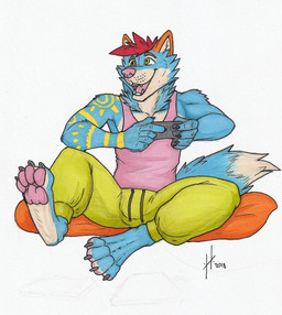 anthro athletic athletic_anthro athletic_male blue_body blue_fur bottomwear cheek_tuft clothed clothing controller facial_tuft front_view fur gaming green_bottomwear green_clothing green_eyes hair happy holding_controller holding_object male male_anthro markings neck_tuft open_mouth open_smile pawpads pillow pink_clothing pink_nose pink_pawpads pink_tongue pink_topwear playing_video_game red_hair short_hair simple_background sitting smile solo tongue topwear tuft white_background white_body white_fur yellow_markings hufnaar canid canine mammal 2018 dated hi_res