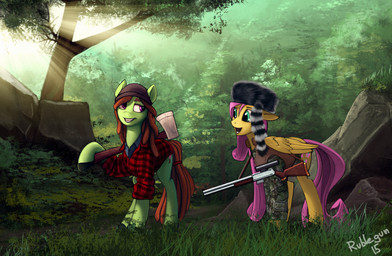 axe clothed clothing detailed_background duo feathers female feral fur gun hair hooves melee_weapon open_mouth pink_hair ranged_weapon smile standing teeth weapon wings yellow_body yellow_feathers yellow_fur rublegun friendship_is_magic hasbro my_little_pony mythology fluttershy_(mlp) tree_hugger_(mlp) equid equine mammal mythological_creature mythological_equine pegasus 2015 hi_res
