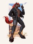 anthro black_clothing black_jacket black_topwear blue_bottomwear blue_clothing blue_pants blurred_background body_hair bottomwear brown_body cigar clothed clothing facial_piercing hair happy_trail holding_cigar holding_object jacket looking_at_viewer male male_anthro mouth_closed muscular muscular_anthro muscular_male narrowed_eyes nose_piercing nose_ring outside pants piercing red_eyes red_hair red_tail ring_piercing septum_piercing septum_ring smoke solo standing tail text topwear torn_bottomwear torn_clothing torn_pants marie_merkh equid equine horse mammal absurd_res artist_name full-length_portrait hi_res portrait