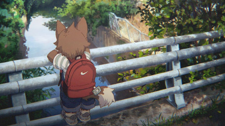 anthro bridge clothing kemono leaning_on_railing looking_away male outside overalls pattern_clothing pattern_shirt pattern_topwear rear_view red_back shirt solo striped_clothing striped_shirt striped_topwear stripes topwear water young young_anthro young_male nishiko24 ookami_(nishiko24) canid canine canis mammal wolf 16:9 2023 japanese_description widescreen