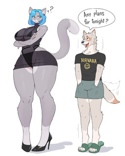 anthro big_breasts blue_eyes blue_hair bodily_fluids bottomwear breasts clothed clothing crossed_arms dialogue duo female footwear fur grey_body grey_fur hair high_heels larger_anthro larger_female male open_mouth panties question_mark shoes size_difference skirt smaller_anthro smaller_male speech_bubble sweat text translucent translucent_clothing underwear wide_hips kinhey canid canine domestic_cat felid feline felis mammal absurd_res hi_res