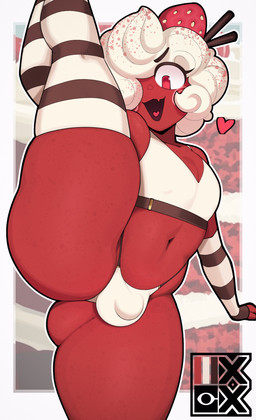 bulge butt butt_from_the_front clothing eyelashes femboy flexible food fruit heart_symbol male not_furry one_leg_up plant pupils raised_leg red_body smile solo splits spread_legs spreading standing strawberry text thick_thighs thong underwear vertical_splits white_clothing igxxiii food_creature food_humanoid humanoid absurd_res hi_res