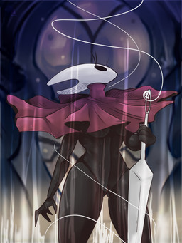 2_horns 4_fingers anthro biped black_eyes blurred_background breasts butt butt_from_the_front cloak clothed clothed_anthro clothed_female clothing empty_eyes eyelashes female female_anthro fingers genitals holding_melee_weapon holding_object holding_weapon horn logo looking_up medium_breasts melee_weapon mouthless non-mammal_breasts non-mammal_vulva noseless red_cloak red_clothing silk solo standing vulva weapon wind ssleepyflowers hollow_knight_(franchise) team_cherry hornet_(hollow_knight) arthropod insect 2026 artist_logo digital_media_(artwork) hi_res