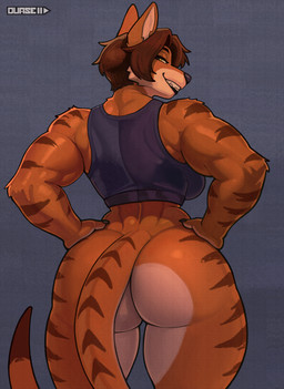 anthro big_butt biped bottomless breasts brown_hair butt clothed clothing female fur hair hands_on_hips looking_at_viewer looking_back multicolored_body muscular muscular_female pupils rear_view smile striped_body stripes thick_thighs duase mammal hi_res