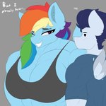 1:1 abs absurd_res amazon anthro astrum_(artist) bedroom_eyes big_breasts bra breasts cleavage clothed clothing deltoids dialogue digital_drawing_(artwork) digital_media_(artwork) duo equid equine fangs female flirting floating_wings friendship_is_magic hasbro hi_res horse inner_ear_fluff larger_female lidded_eyes male male/female mammal muscular muscular_female muscular_male my_little_pony mythological_creature mythological_equine mythology narrowed_eyes one_eye_closed pecs pegasus pony seductive shirt simple_background size_difference smaller_male smile sports_bra teeth topwear tuft underwear unimpressed wings wink