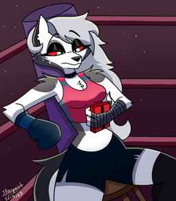 absolute_territory anthro arm_tuft black_bottomwear black_clothing black_eyelids black_shorts bodily_fluids bottomwear boxing_attire boxing_gloves bra breasts chest_tuft choker cleavage clothed clothing elbow_tuft electronics female fighting_ring fur furniture grey_hair hair hand_wraps handwear holding_object holding_phone jewelry legwear long_hair midriff necklace notched_ear phone pink_bra pink_clothing pink_sports_bra pink_underwear red_sclera shorts shoulder_tuft sitting small_waist solo sports_bra stool sweat text thigh_highs tuft underwear white_body white_eyes white_fur wide_hips wraps starpaintart hellaverse helluva_boss mythology loona_(helluva_boss) canid canid_demon canine demon hellhound mammal mythological_canine mythological_creature 2025 absurd_res artist_name dated hi_res