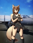 2012 air_force aircraft airplane anthro blue_eyes boots bottomless brown_hair canid canine censored clothed clothing convenient_censorship female fingerless_gloves footwear fox gloves gun hair handwear hi_res jet looking_at_viewer mammal military ranged_weapon rifle shirt solo tank_top topwear vehicle volkcreed weapon