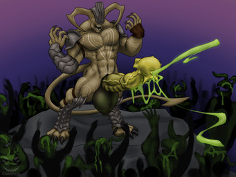 anthro armor balls big_balls big_penis bodily_fluids claws colored_cum cum cum_on_body ejaculation excessive_cum excessive_genital_fluids flared_penis flaring genital_fluids genitals glowing glowing_cum green_cum group group_transformation hands-free horn huge_balls huge_penis hyper hyper_balls hyper_genitalia hyper_penis male markings medial_ring open_mouth pelvic_thrust penis presenting presenting_penis reverse_bukkake silhouette solo_focus transformation transformation_through_cum unusual_anatomy unusual_bodily_fluids unusual_cum unusual_genital_fluids unusual_genitalia unusual_penis vein veiny_penis worship corinoch_(artist) demon hi_res