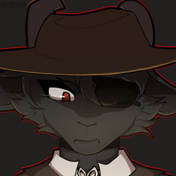 angry anthro black_body black_fur black_hair bolo_tie close-up clothing coat collared_shirt cowboy_hat eye_patch eyebrows eyelashes eyewear female fur hair hat headgear headwear horn mouth_closed outline red_eyes red_outline shirt short_hair simple_background solo topwear unknown_artist bathory_black_(therealnarrowjungle) bovid caprine goat mammal 1:1 bust_portrait hi_res portrait