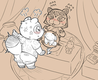 angry anthro balls belly blush bodily_fluids bottomwear butt candle clothing duo female flaccid foreskin genitals kemono larger_but_small magic magic_user male micropenis nude orb penis shirt shorts slightly_chubby small_penis sweat tail topwear 96panda animal_crossing nintendo katrina_(animal_crossing) tom_nook_(animal_crossing) canid canine felid feline felis mammal pantherine raccoon_dog tanuki 2025 absurd_res hi_res