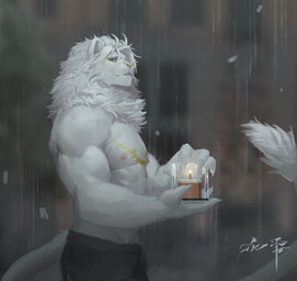 anthro black_bottomwear black_clothing black_pants blue_eyes blurred_background bottomwear candle clothed clothing fur holding_candle holding_object male mane muscular muscular_anthro muscular_male narrowed_eyes nipples pants raining solo standing topless white_body white_fur white_mane awaldkize felid lion mammal pantherine absurd_res half-length_portrait hi_res portrait
